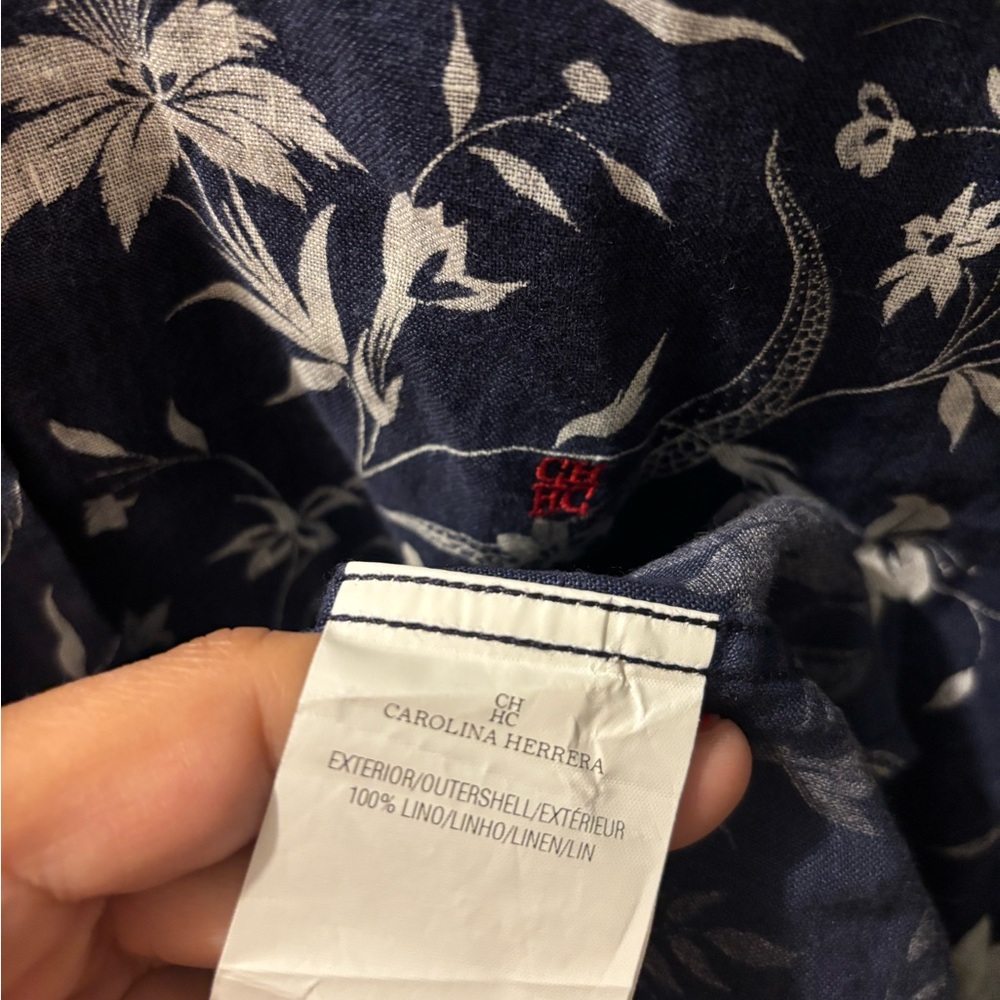 Carolina Herrera Men's Linen Blue Floral Print Button Down Shirt - Size 15 - Picture 3 of 11